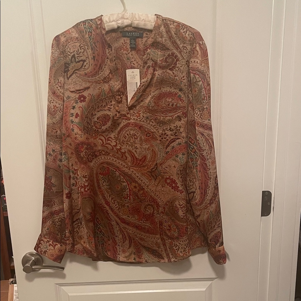 Ralph Lauren super silky dress top. NWT. Size large. Brown paisley flouncy top.
